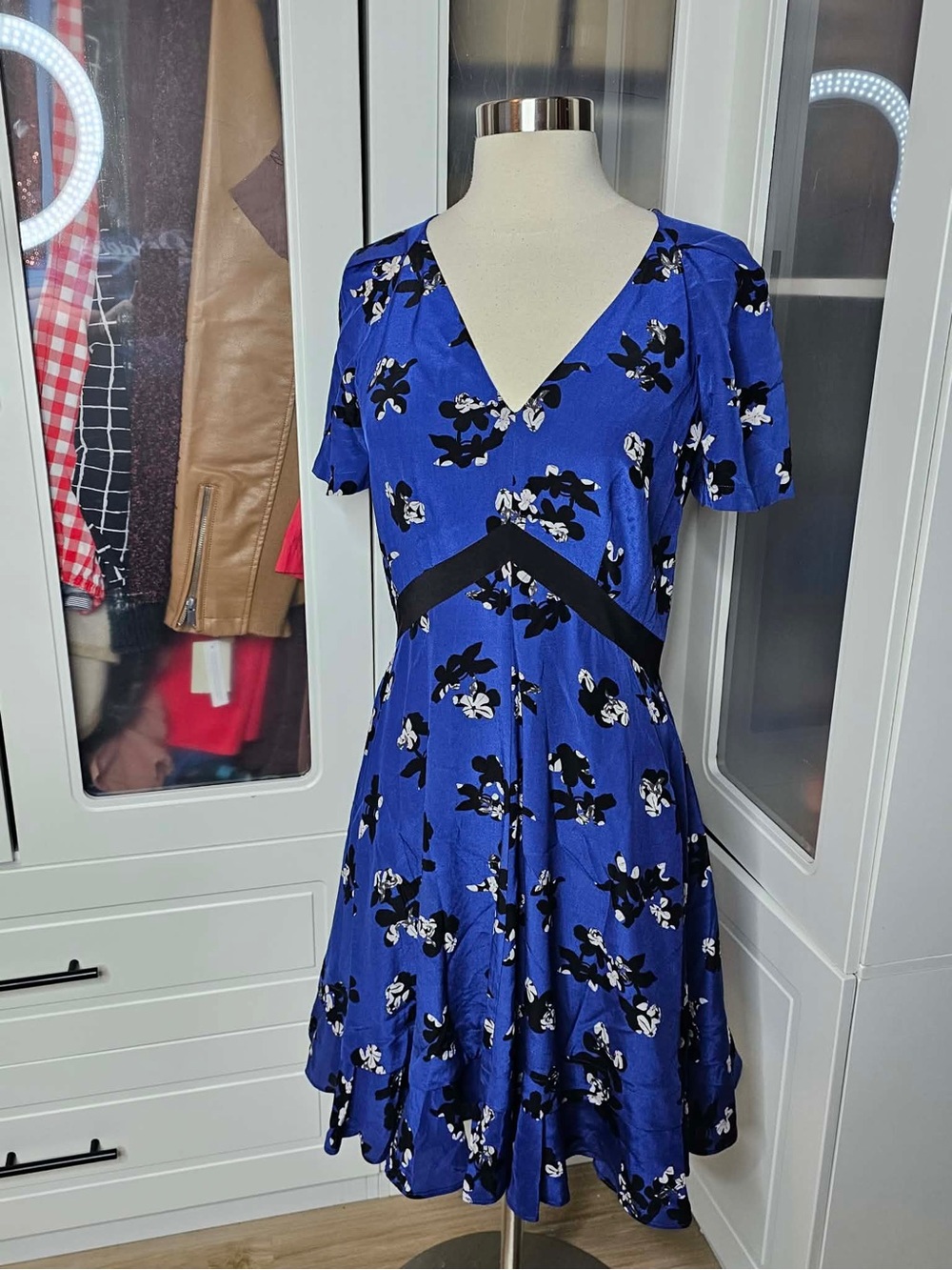 Rebecca Taylor Royal Blue Floral V-Neck Fit-and-Flare Dress